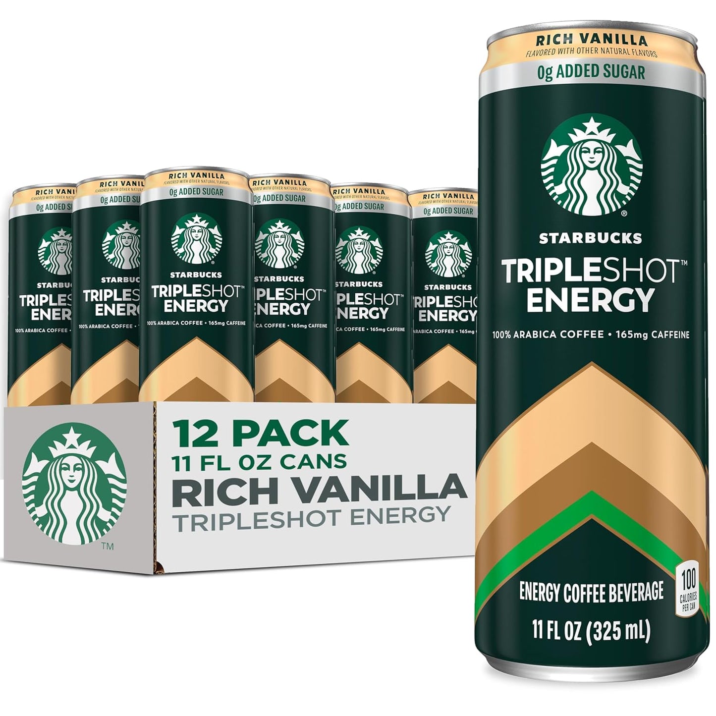 Starbucks Tripleshot Coffee Energy Drink, Rich Vanilla, 11 fl oz Cans (12 Pack), Triple Blend, 165mg Caffeine, B Vitamins, Protein, Iced Coffee (Packaging and Formula May Vary)