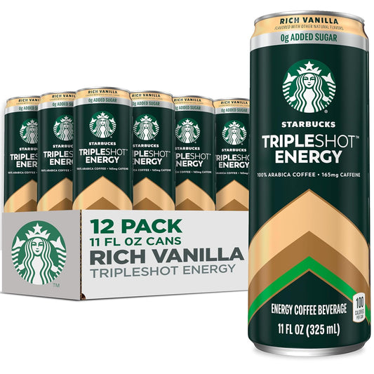 Starbucks Tripleshot Coffee Energy Drink, Rich Vanilla, 11 fl oz Cans (12 Pack), Triple Blend, 165mg Caffeine, B Vitamins, Protein, Iced Coffee (Packaging and Formula May Vary)