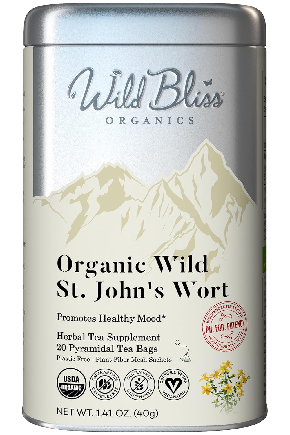 Wild Bliss Organic St Johns Wort Herbal Tea - Caffeine Free Mood Balance Support Tea - Pharmacopoeia Potency - 20 Plant Based Tea Bags