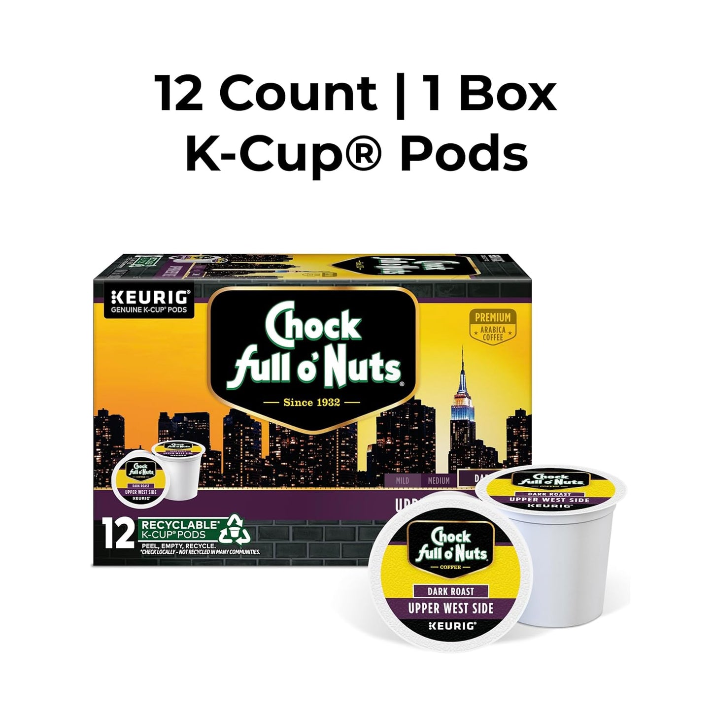 Chock full o’Nuts Upper West Side Keurig K-Cup Pods for Keurig Brewers – Premium Arabica, Dark Roast – Single Serve – 1 Pack of 12 K-Cup Pods