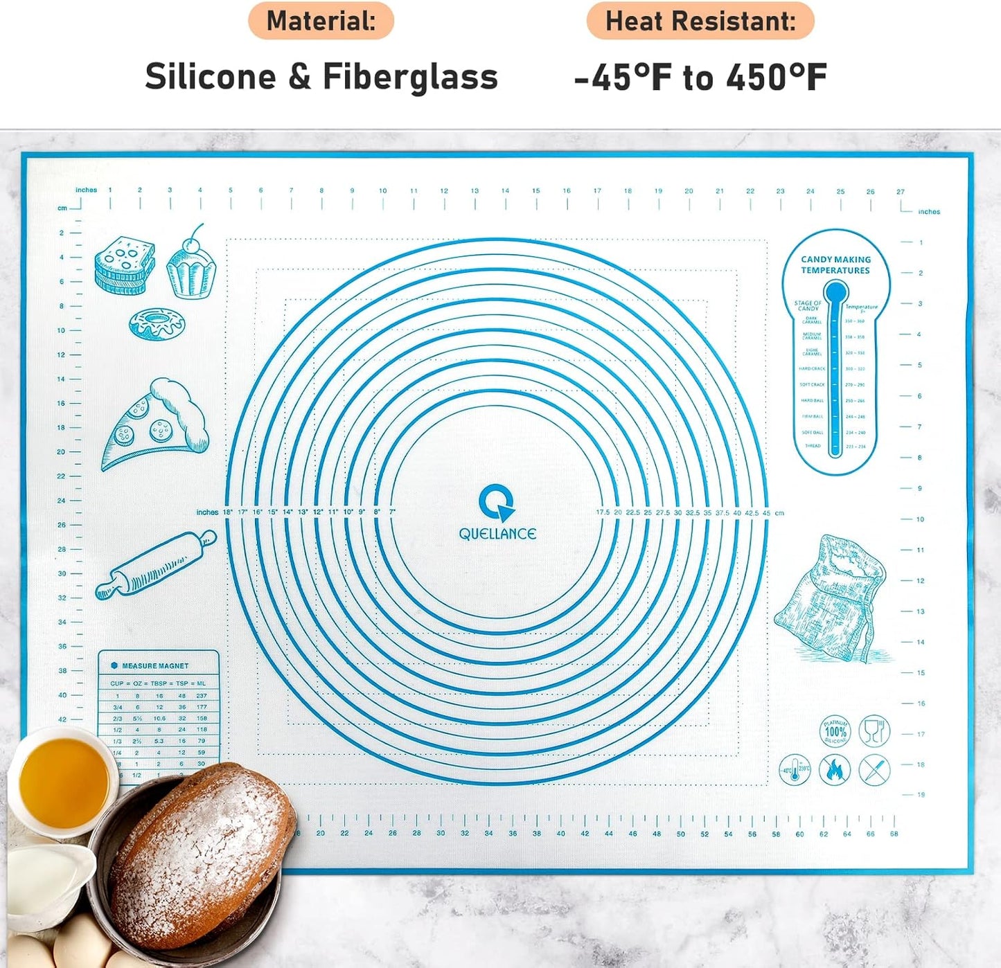 Silicone Baking Mat with Measurements, Pastry Mat for Rolling Dough, Fondant Mat Sheet for Pizza and Cookies, Pie Crust, Oven Liner, Counter Mat, 24''(W)32''(L) Blue