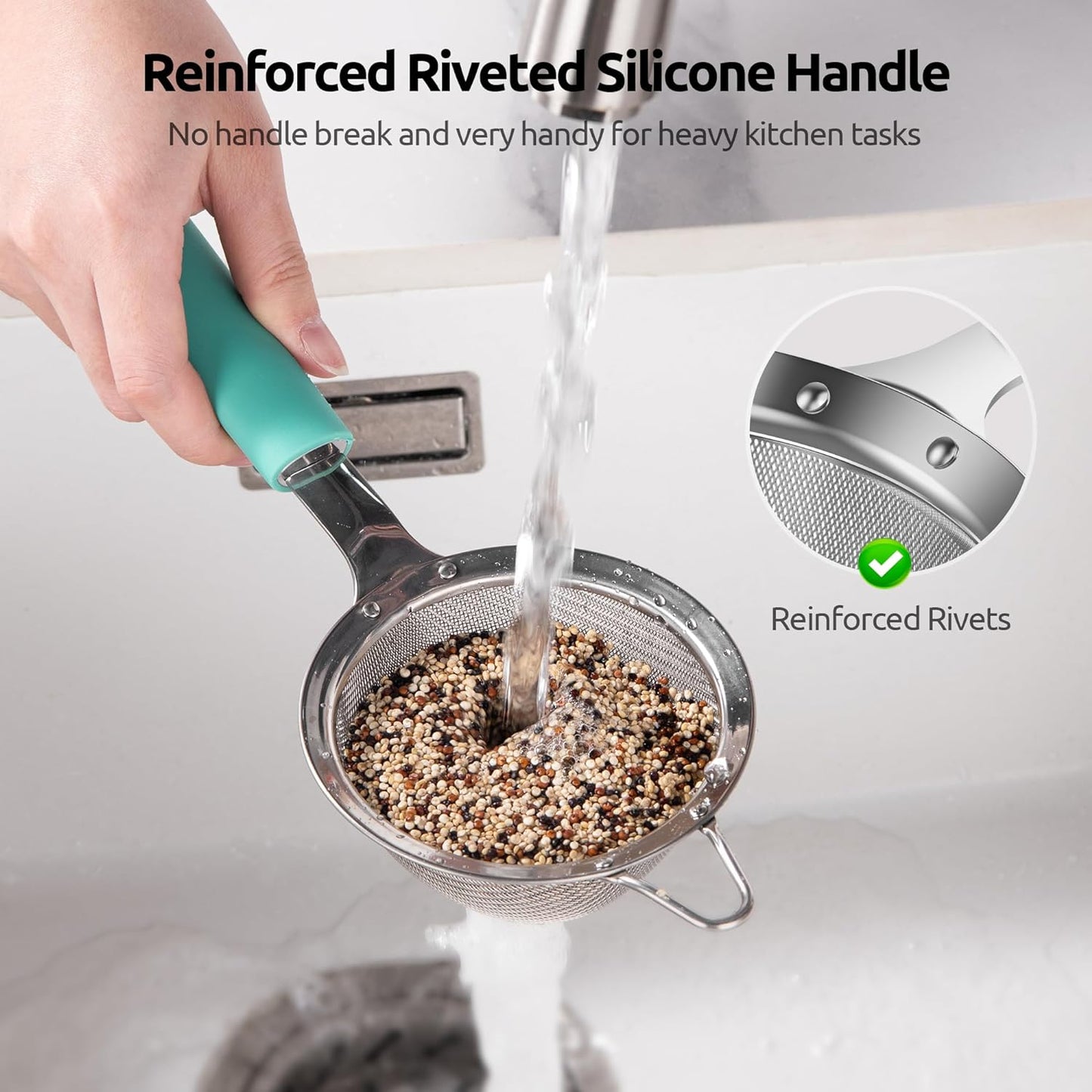 U-Taste Small Fine Mesh Strainer: 18/8 Stainless Steel 3.35in 30 Mesh Kitchen Food Sieve with Sturdy Riveted Silicone Handle, Heavy Duty Deep Handheld Metal Colander for Tea, Juice (Aqua Sky)