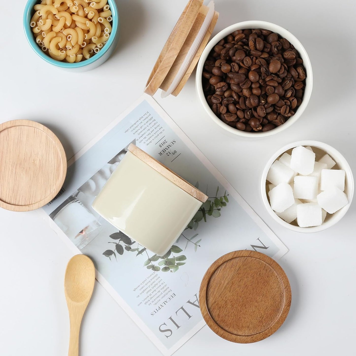 Sweejar Kitchen Canisters Ceramic Food Storage Jar, Stackable Containers with Airtight Seal Wooden Lid for Serving Ground Coffee, Tea, Sugar, Spice and More - 5 Fl Oz(Beige)