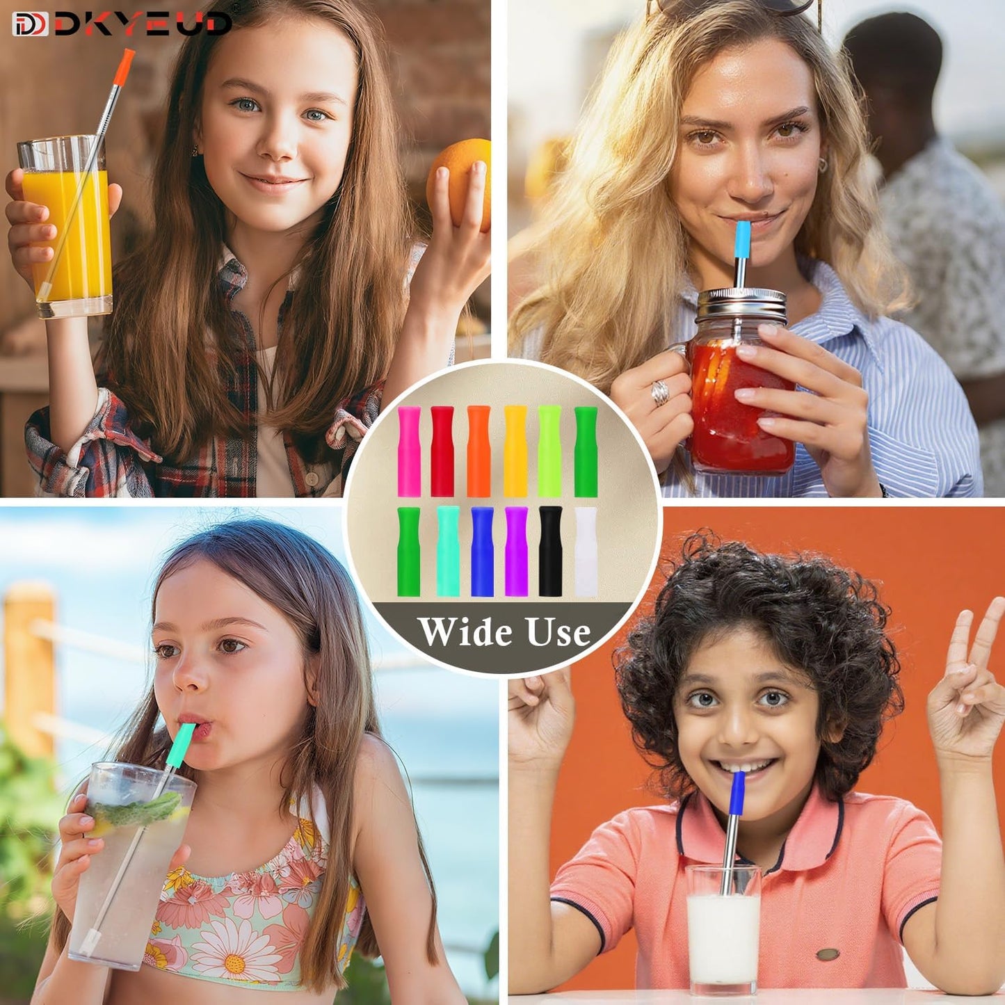 24PCS Food-Grade 12 Colors Metal Straws Reusable Silicone Tips,Silicone Base Sleeve,Only Fit Diameter 0.32In- 8mm Stainless Steel Straws,BPA Free, Eco-Friendly