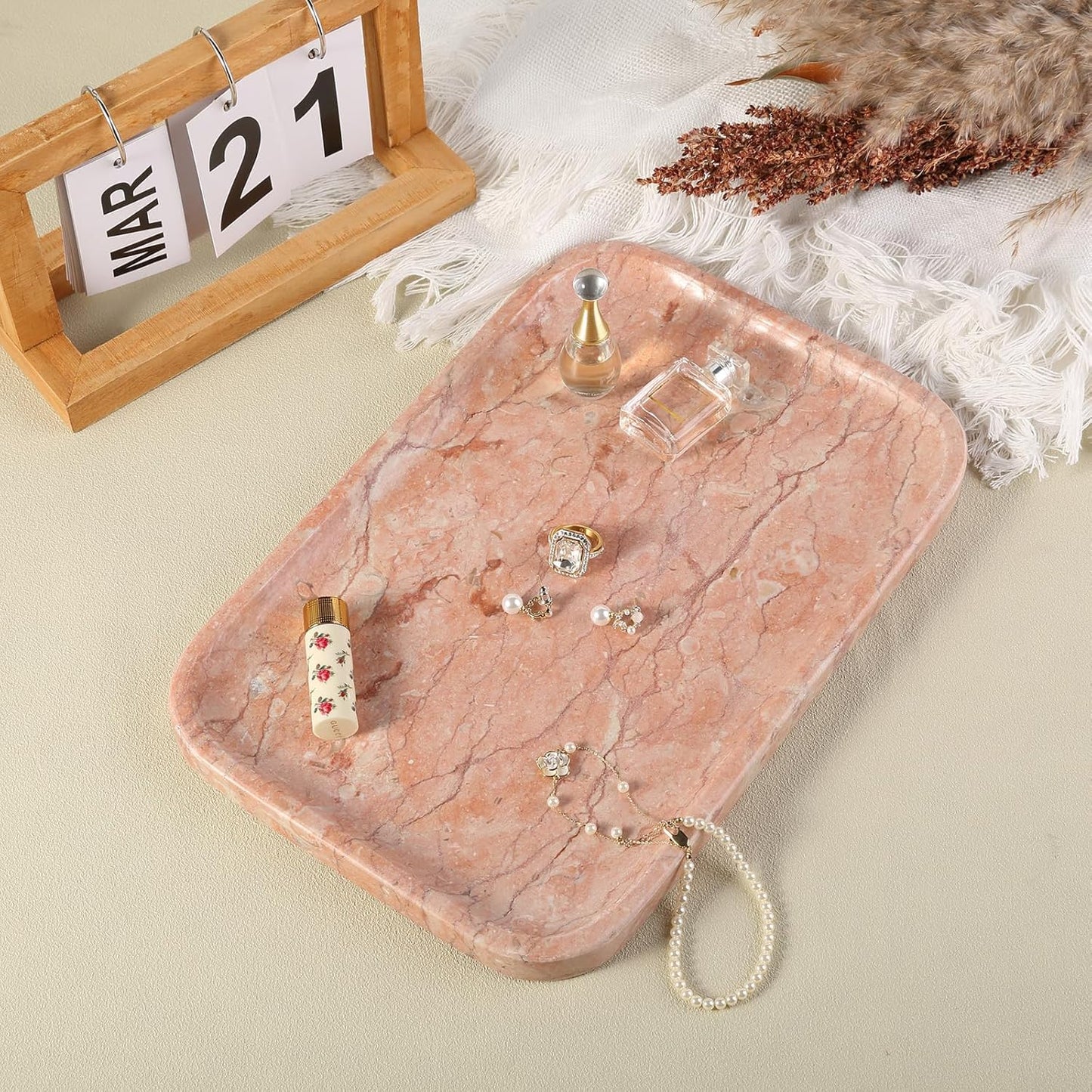 Marble Vanity Tray, Bathroom Tray for Countertop, Decoration Dresser Organizer, Perfume, Jewelry Holder, Red Stone Serving for Kitchen Sink Storage(Spring Rose)