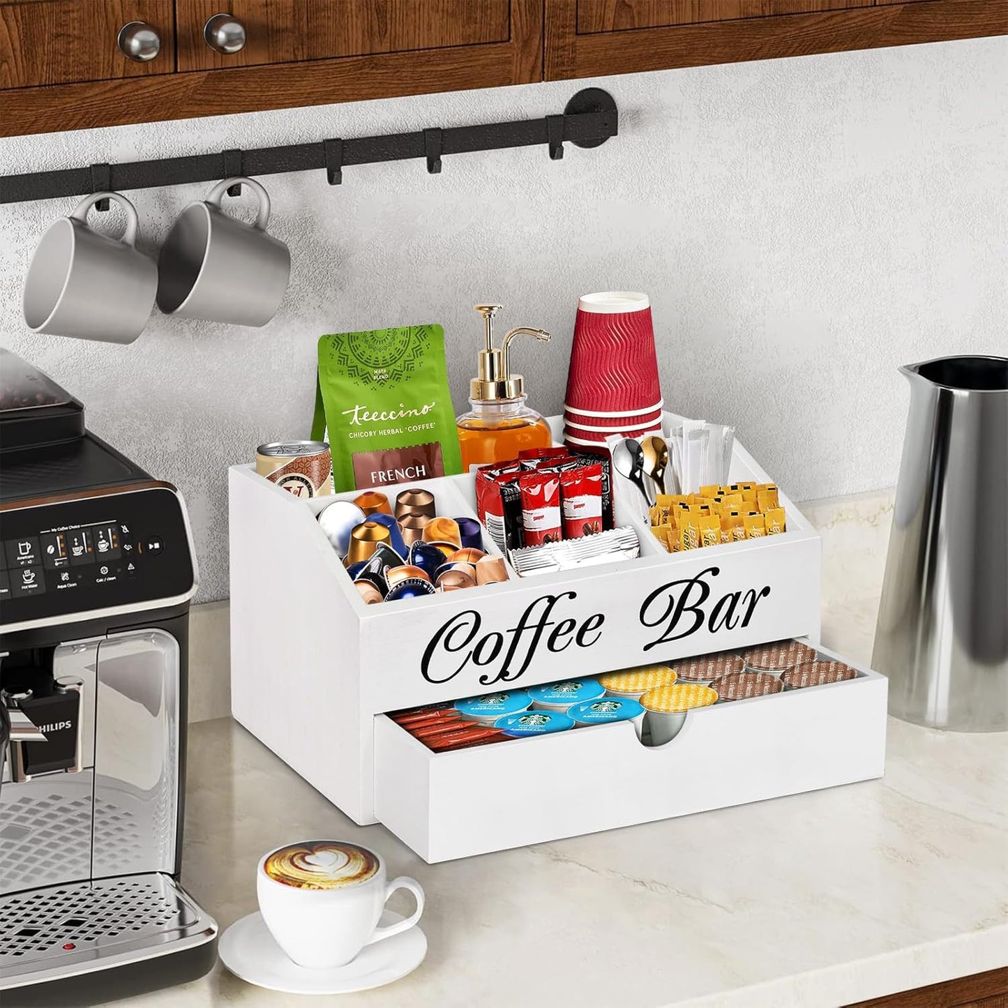 Wooden Coffee Bar Organizer Countertop With Drawer, Station Accessories, Pods Holder Storage Basket, Farmhouse Tea Condiment Organizer