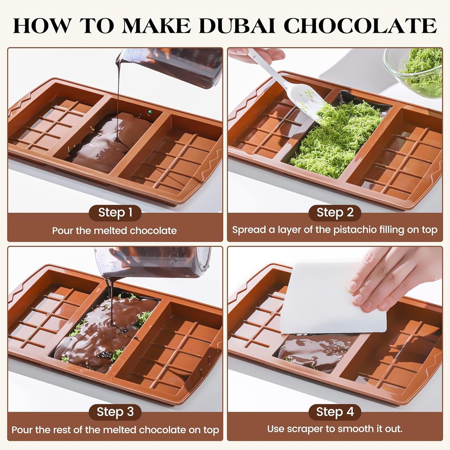 4 Pcs Chocolate Bar Mold Deep Dubai 0.85 Inch Stuffed Chocolate Molds Silicone Large Break Apart Silicone Molds (10 Snap + 5 Snap）