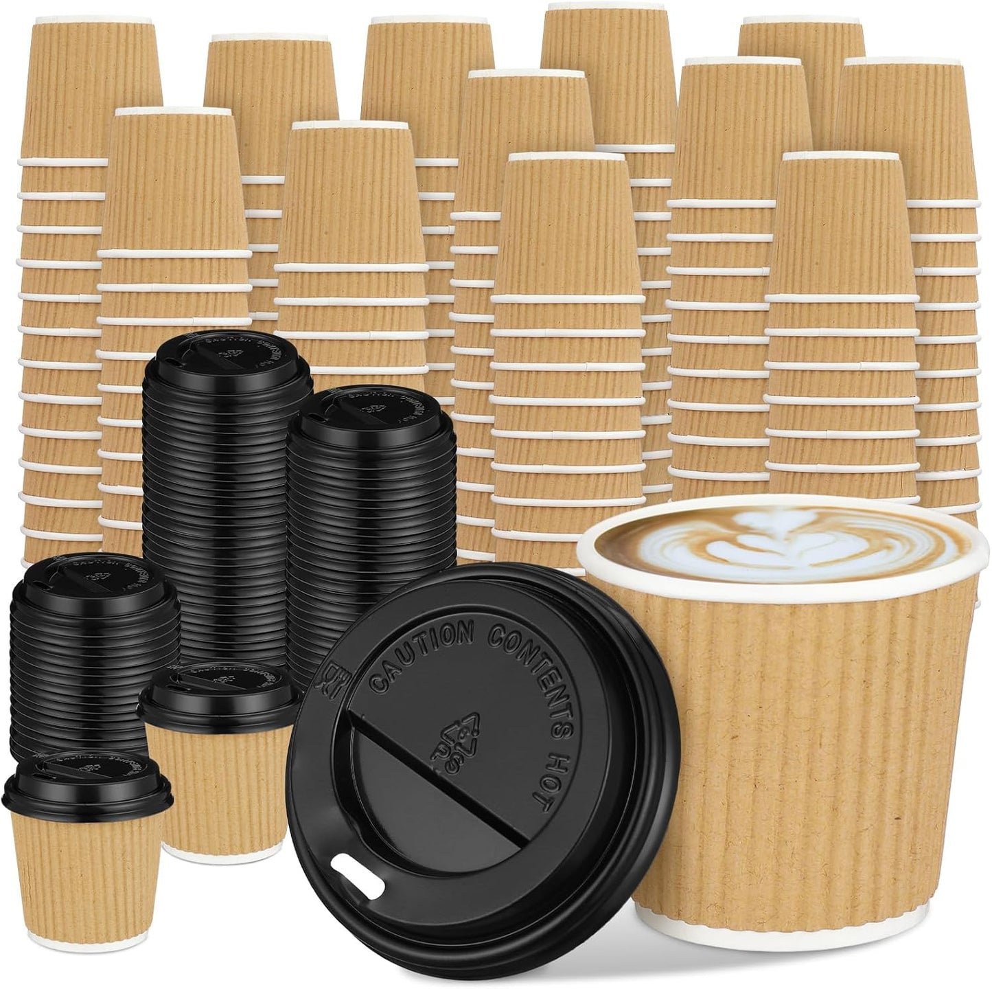 Uiifan 100 Set 4oz Disposable Espresso Cups with Lids Ripple Corrugated Paper Disposable Coffee Insulated Hot Ripple Cups for hot Chocolate, Tea, and Cocoa Drinks(Kraft Paper Color)
