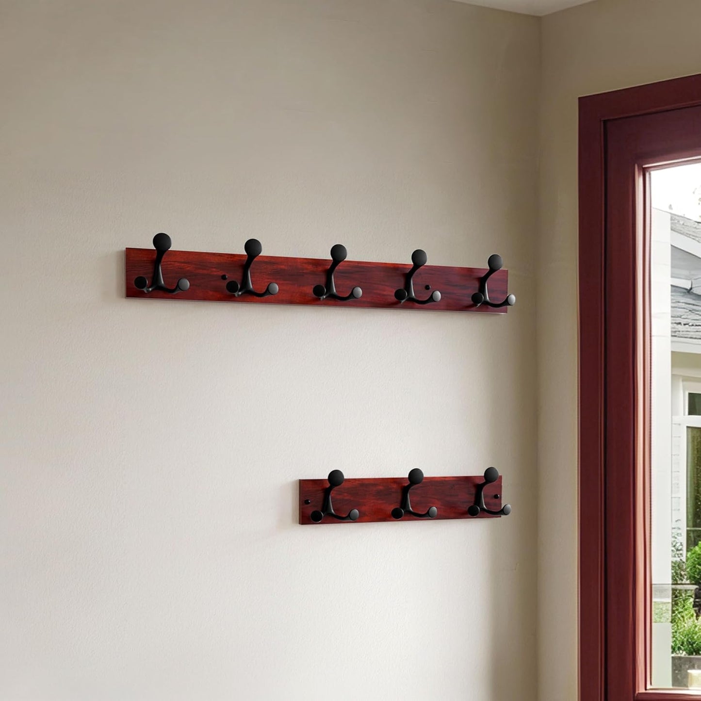 SKOLOO 30-Inch Cherry Wood Coat Rack Wall Mount with 5 Triple Hooks - Ideal for Family Entrances, Classrooms, and Pet Supplies Storage - Perfect Coat Hooks for Wall