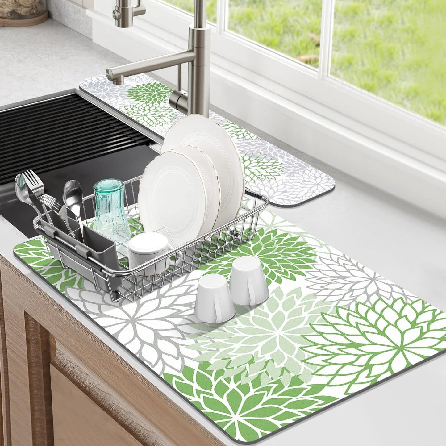 Findosom 2PCS 16" x 24" Dish Drying Mat & 24" x 5.5" Sink Splash Guard, Super Absorbent & Cuttable Dish Mat Drying Kitchen Mat with Green Floral, Hide Stain Drying Mat for Kitchen Counter