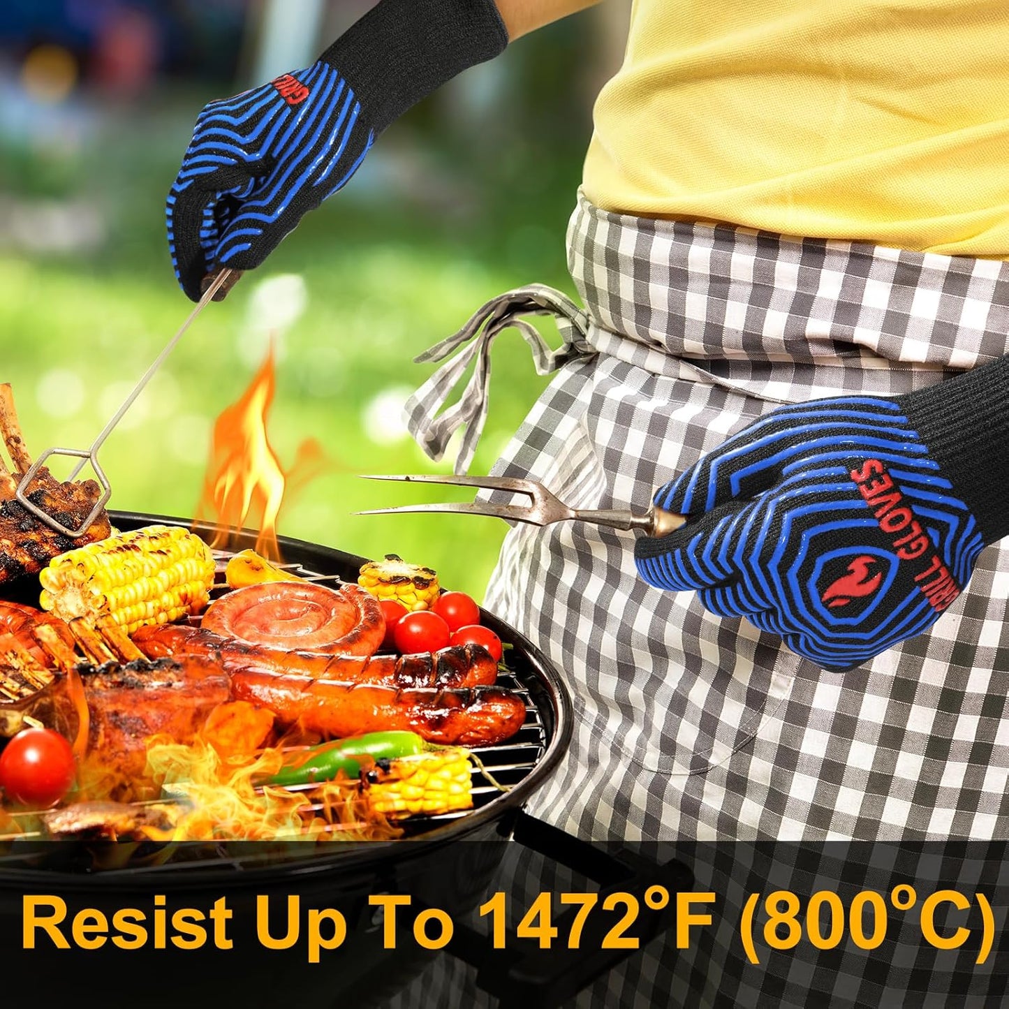 QUWIN BBQ Gloves, Oven Gloves 1472℉ Extreme Heat Resistant, Grilling Gloves Silicone Non-Slip Oven Mitts, Kitchen Gloves for BBQ, Grilling, Cooking, Baking-1 Pair… (Black Blue, One SizeLong Cuff