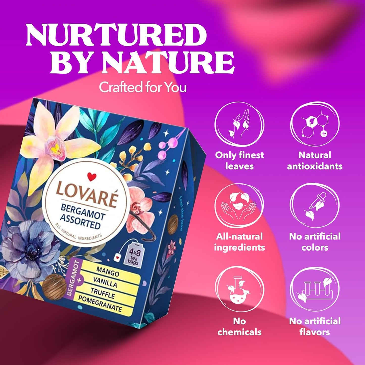 LOVARE Bergamot Assorted Tea Variety Pack 32 Pack, 4 Tastes - Made in Ukraine - Black Tea Bags Individually Wrapped - Assorted Tea Bags Variety Pack with Vanilla, Truffle, Mango, Pomegranate Flavors