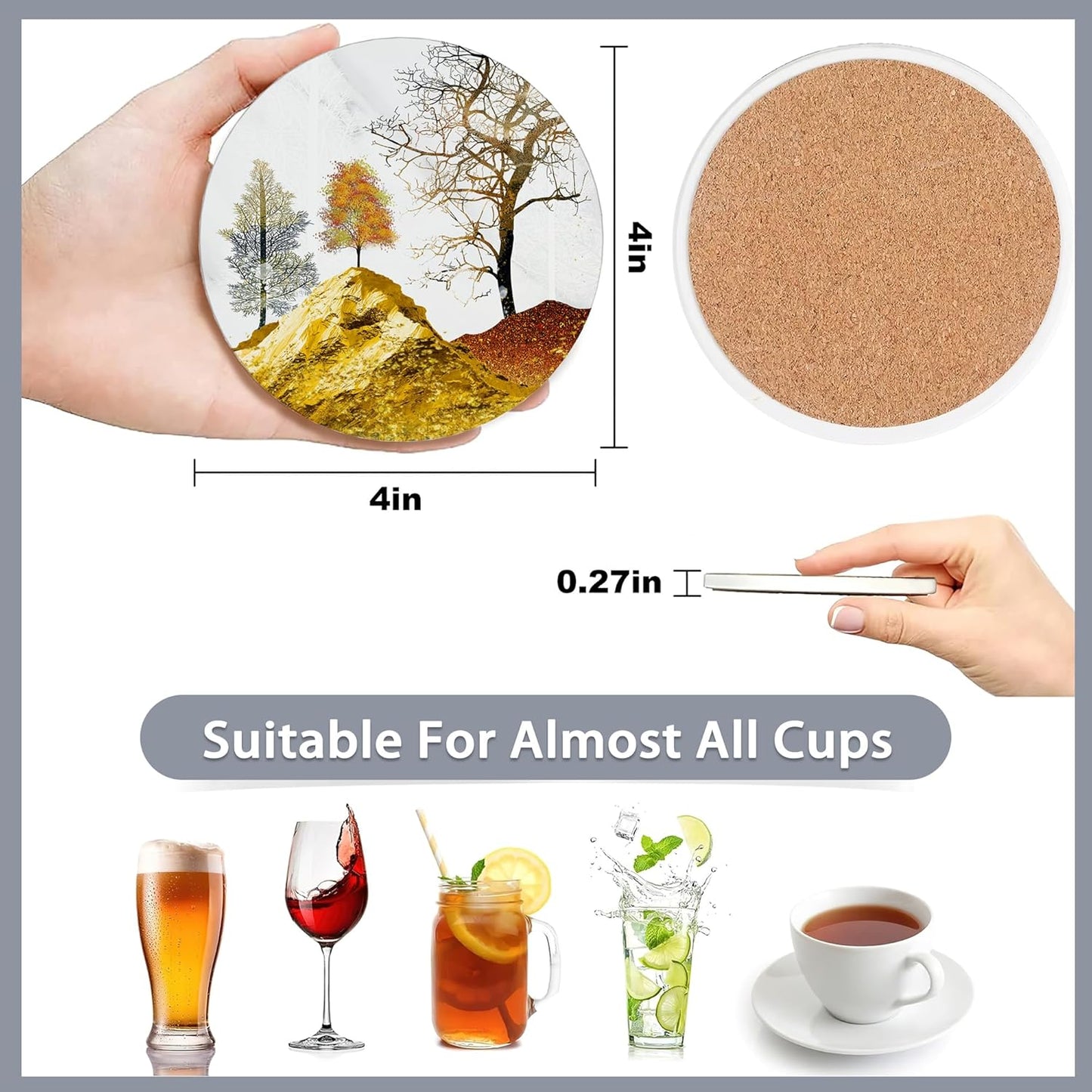 Drink Coasters Set of 6 with Holder,Golden Deer Forest Mountain Absorbent Ceramic Coasters with Cork Base,Fit All Cups,Tabletop Protection Mat for Mugs and Cups,Office,Kitchen