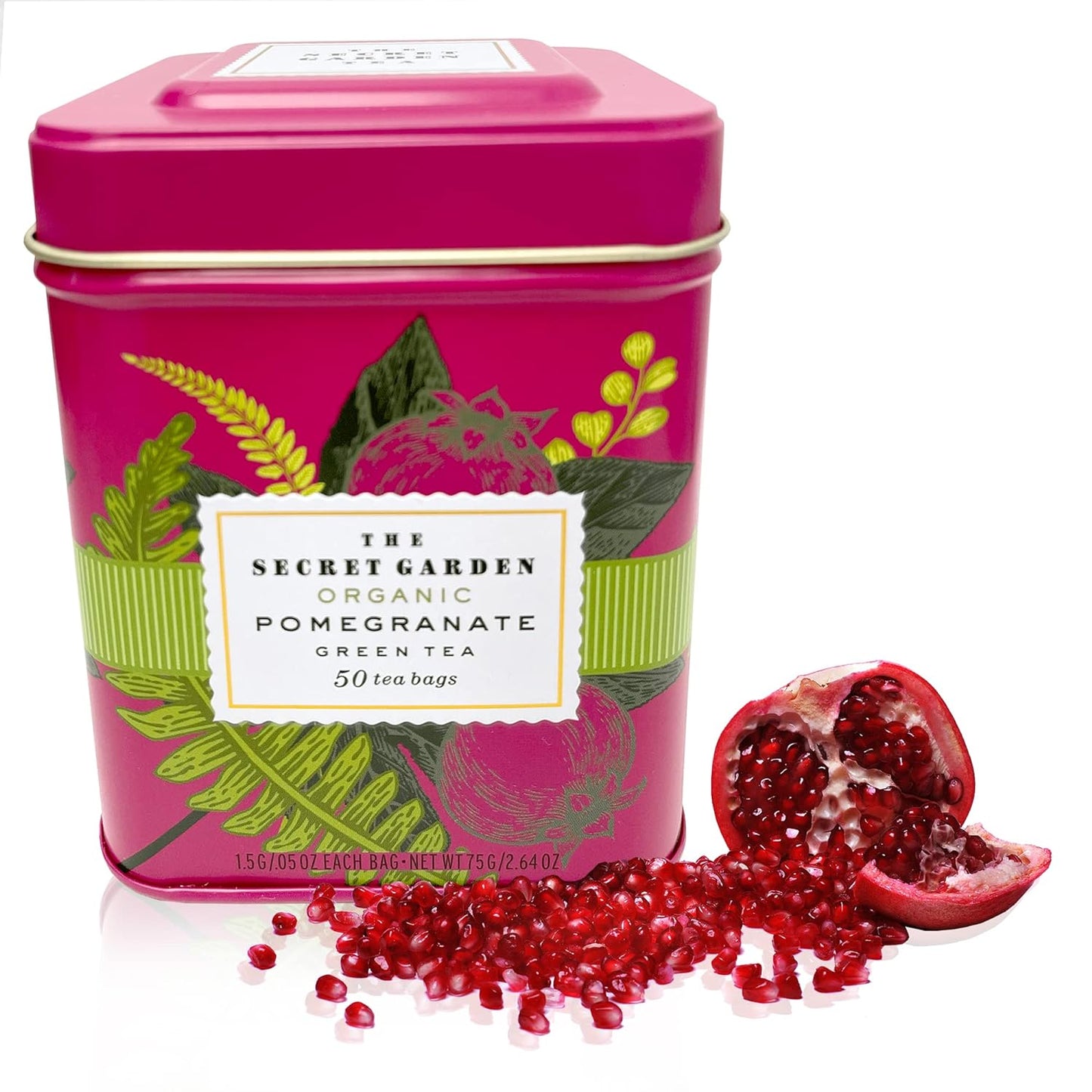 Organic Pomegranate Ceylon Green Tea - 50 Packets - Natural Antioxidant Rich Herbal Leaf Teabags - USDA Certified 100% Non-GMO - Caffeinated Designer Gift Tin