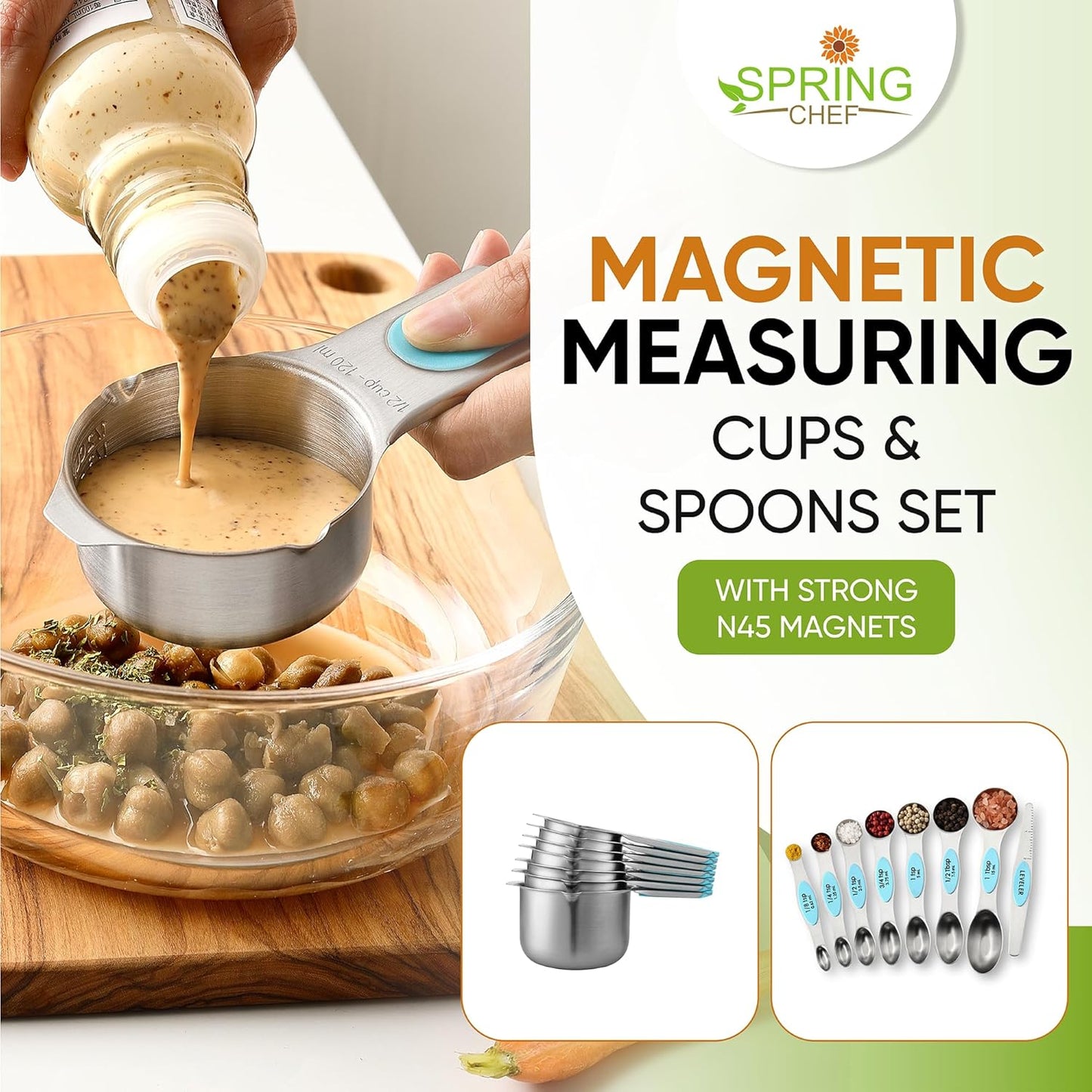Spring Chef Magnetic Measuring Cups & Spoons Set (Patent Pending), Strong Magnets, Heavy Duty Stainless Steel Fits in Spice Jars for Baking & Cooking, BPA Free, Round Set of 15 with Leveler, Aqua Sky