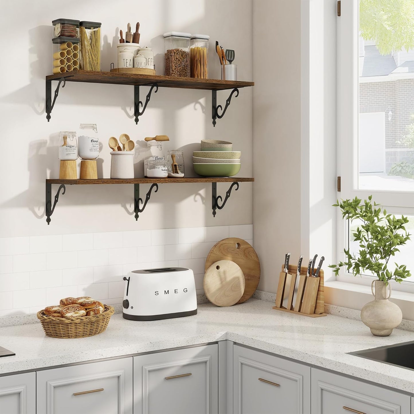 RICHFOCUS 12 Inch Deep Floating Shelves for Wall, 36" W x 12" D Wood Wall Shelves Set of 2, Wide Floating Shelves for Living Room, Bedroom, Kitchen, Bathroom and Decor Storage, Rustic Brown