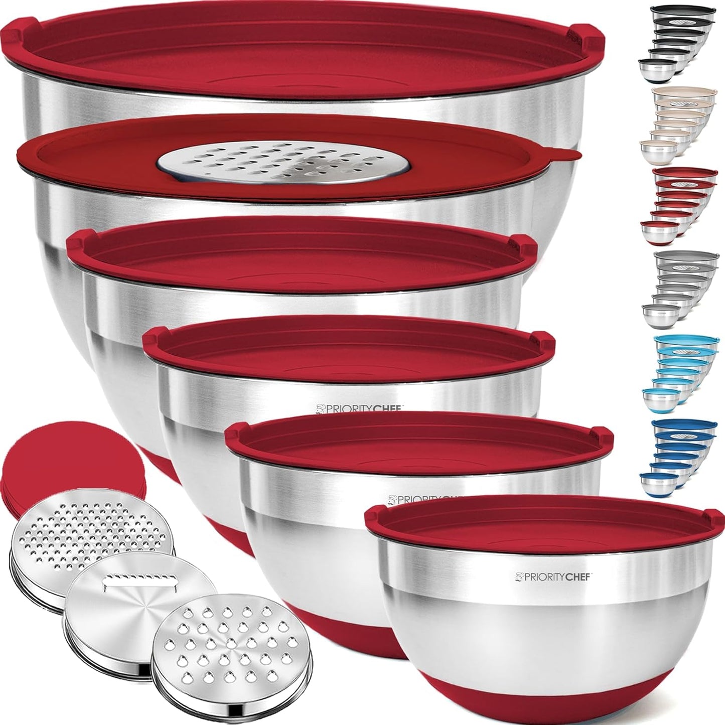Priority Chef 6Pc Large Mixing Bowls With Lids Set with Non-Slip Bases, Stainless Steel Mixing Bowl Set, 6 Airtight Lids and 3 Graters, Red