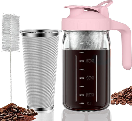 Cold Brew Coffee Maker Pitcher, 32 oz Thick Glass Mason Jar Spout Lid with Handle & Stainless Steel Filter for Iced Brew Coffee, Ice Lemonade, Sun Tea, Fruit Drinks Container