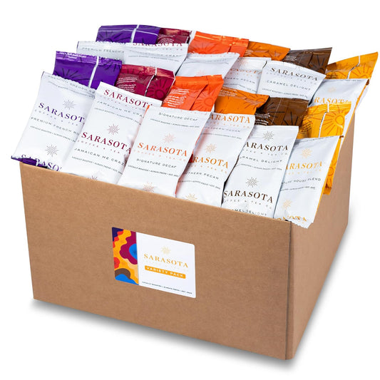 Sarasota Bulk Coffee Packs Ground Packets | Medium, Dark, Colombian, & Flavored Roast Variety | Gourmet Assorted Gift Sampler | Low Acid Pouches for 12 Cup Coffee Maker | 1.75 Oz Bags, 100 Count