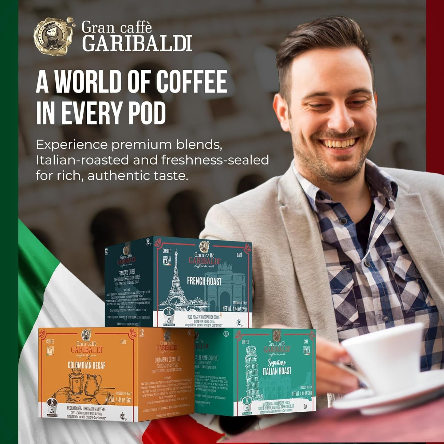 Caffè Garibaldi Colombian Coffee Pods, for Keurig K-Cup Brewers, Single Serve Cups, 100% Arabica Blend for Coffee Makers, 72 Count Recyclable Pods - Medium Roast