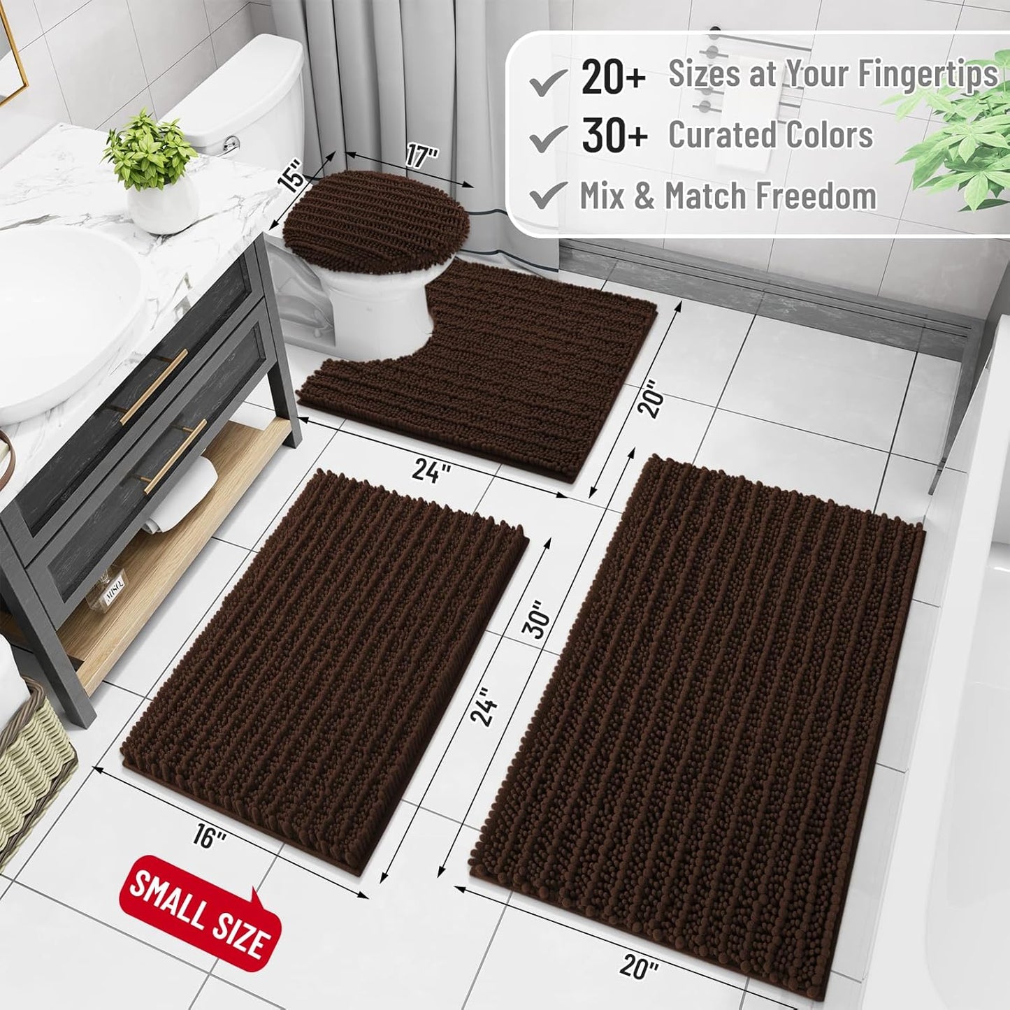 Arotive Luxury Chenille Bathroom Rug Mat, Extra Soft Thick Absorbent Shaggy Bath Rugs, Non-Slip Machine Wash Dry, Plush Bath Mats for Bathroom, Shower and Tub, 24x16, Brown