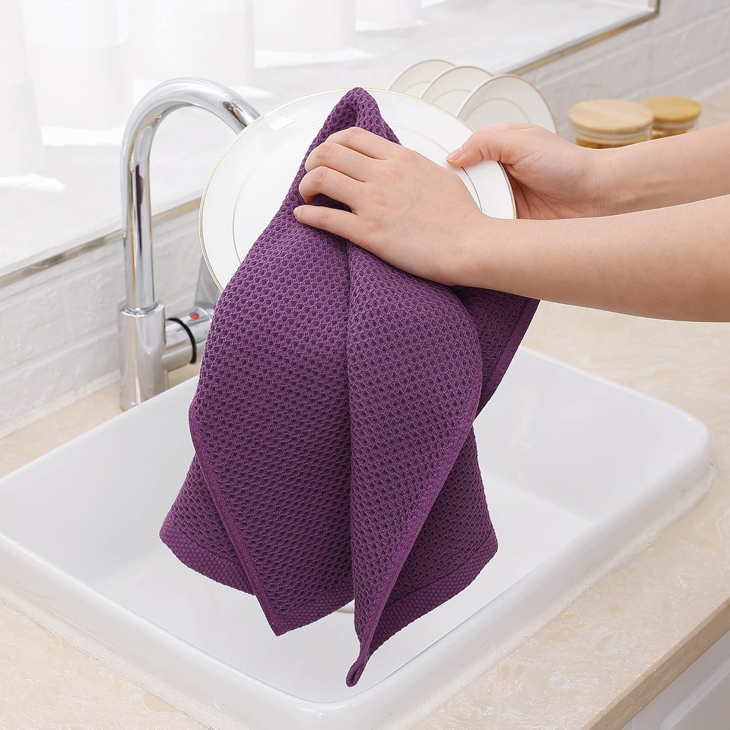 Homaxy 100% Cotton Waffle Weave Kitchen Dish Towels, Ultra Soft Absorbent Quick Drying Cleaning Towel, 13 x 28 Inches, 8-Pack, Purple