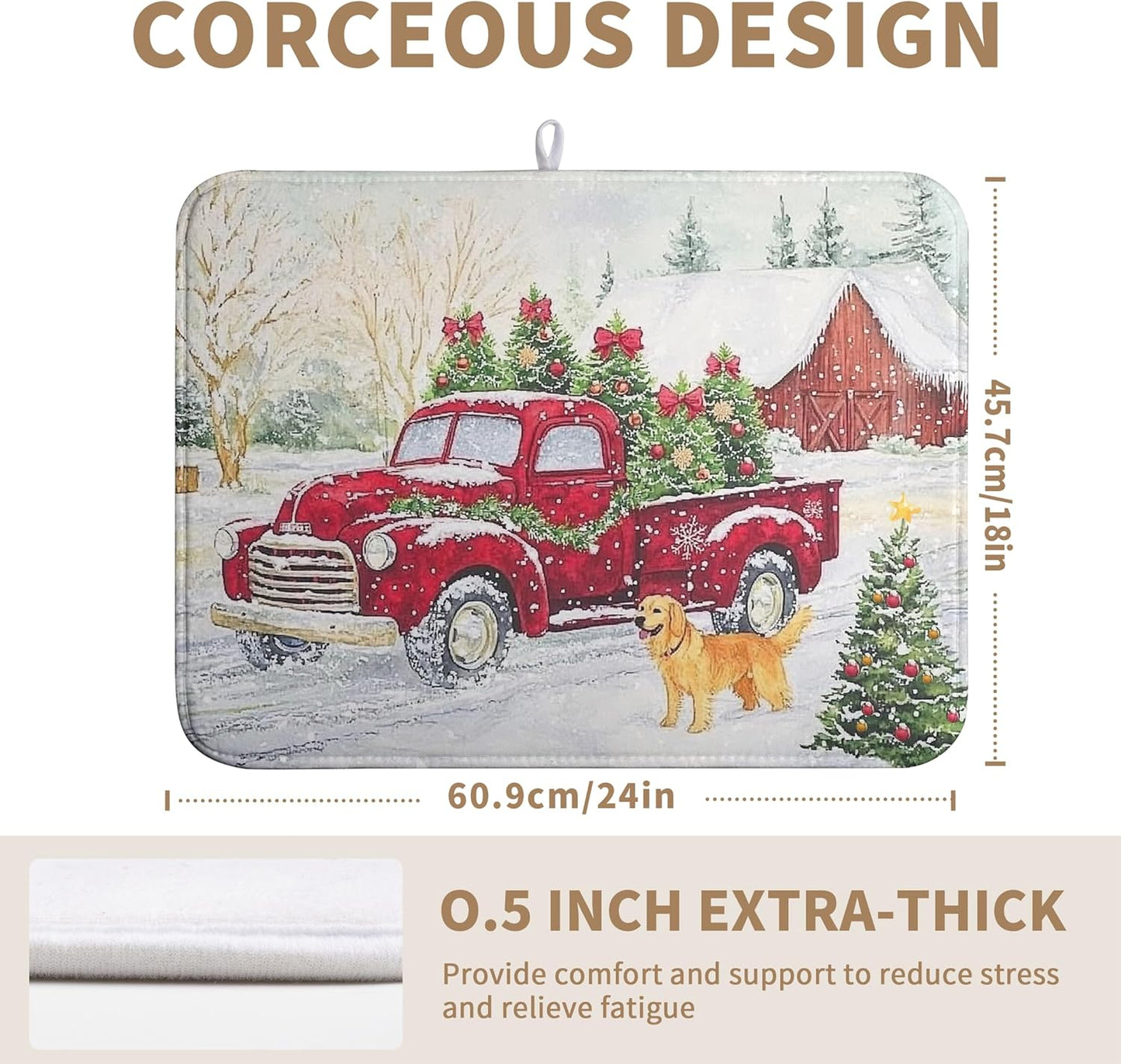 Christma Red Truck Dish Drying Mat Winter Dog Large Kitchen Mats Dish Drying Pad Xmas Tree Vintage Absorbent Dish Dryer Mat for Kitchen Countertops Microfiber Drainer Pad Dish Drying Mats (18x24 in)