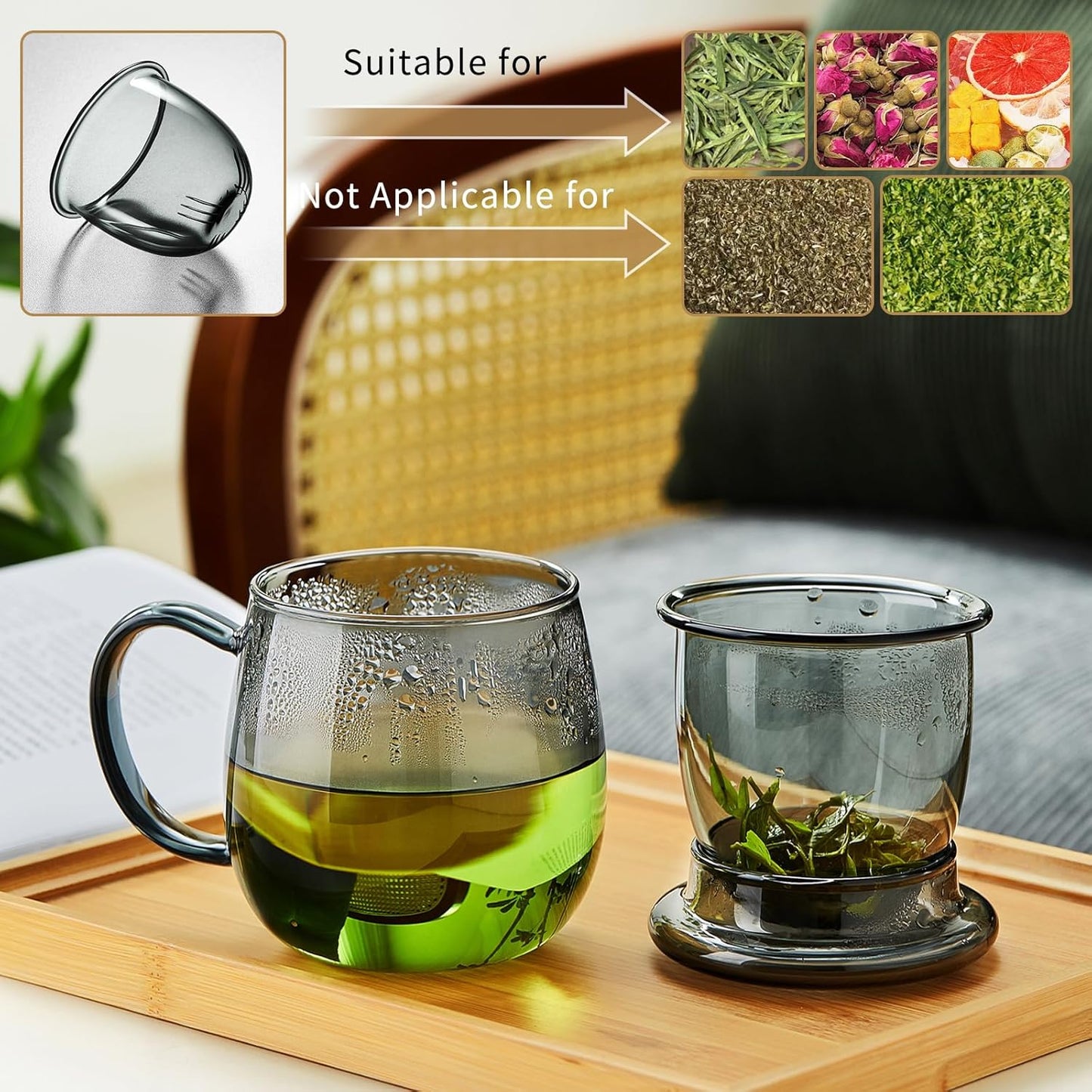 Glass Tea Cup with Infuser and Lid, 17.6oz/520ml Large Borosilicate Teacup, Clear Mug for Loose Leaf Tea, Blooming Tea, Tea Bags - Perfect Christmas or Birthday Gift for Men