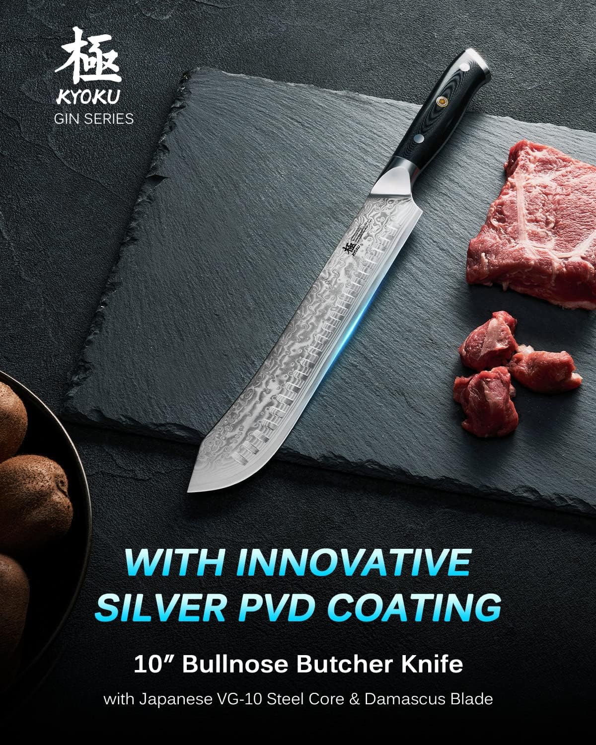 KYOKU Gin Series 10" Bullnose Butcher Knife for Meat Cutting With Silver PVD Coating - Japanese VG10 Steel for Professional Chefs & Home Cooks, Commercial & Home Kitchen