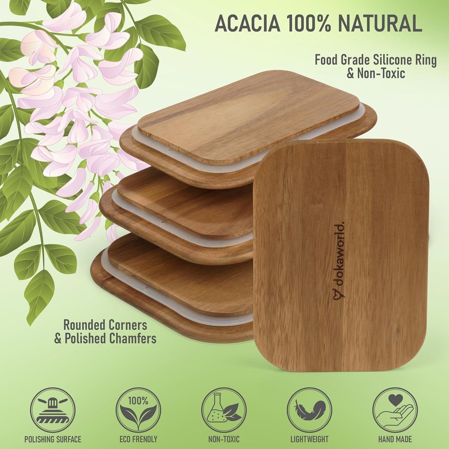 Natural Acacia Lids Set for Food Storage Glass Containers (4pcs) - Lids are compatible with all Glass Food Storage Containers Sets
