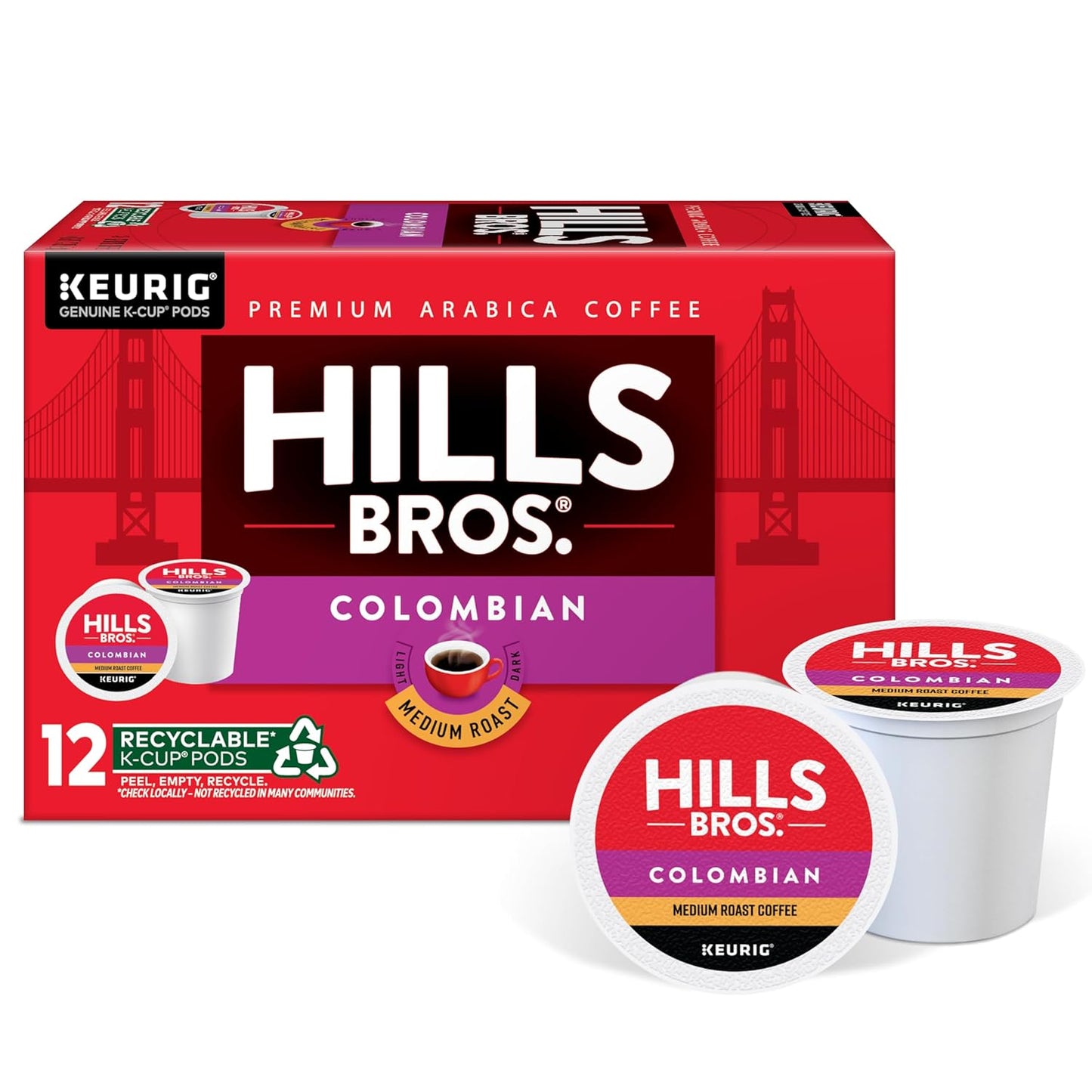 Hills Bros. Colombian Blend Keurig K-Cup Pods for Keurig Brewers – Medium Roast Premium Arabica Blend, Kosher – 2 Pack of 12 Single Serve Pods