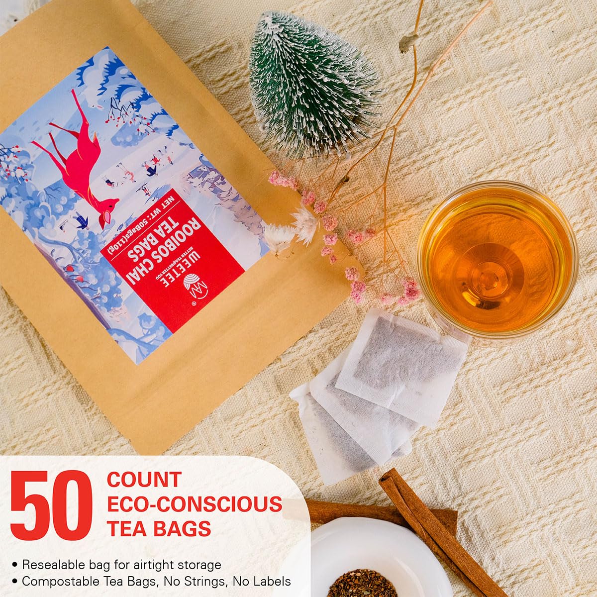 WT WEETEE Rooibos Chai Tea Bags, South African Red Tea with Cinnamon, Cloves, Cardamom, Natural Caffeine-free Herbal Tea, 50 Counts Spiced Rooibos Tea