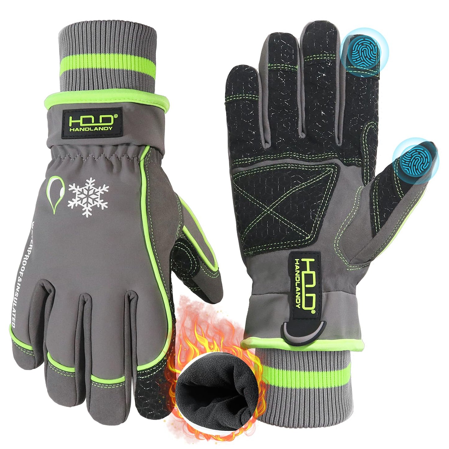 HANDLANDY Waterproof Insulated Work Gloves, 3M Thinsulate Thermal Winter Gloves for Men Women Touch Screen, Warm Ski Snowboard Cold Weather Gloves (Green-men Size, Large)
