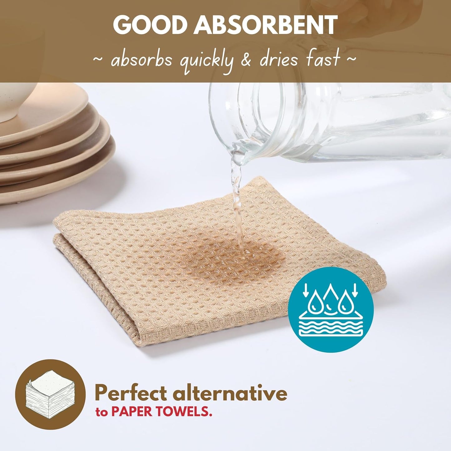 Native Fab Waffle 12 Pack Dish Cloths - 100% Cotton, Absorbent, Quick Drying, Washable Towels for Cleaning, Cooking & Baking - Great for Daily Use, Home, Restaurants, Cafes - 12" x 12" - Beige