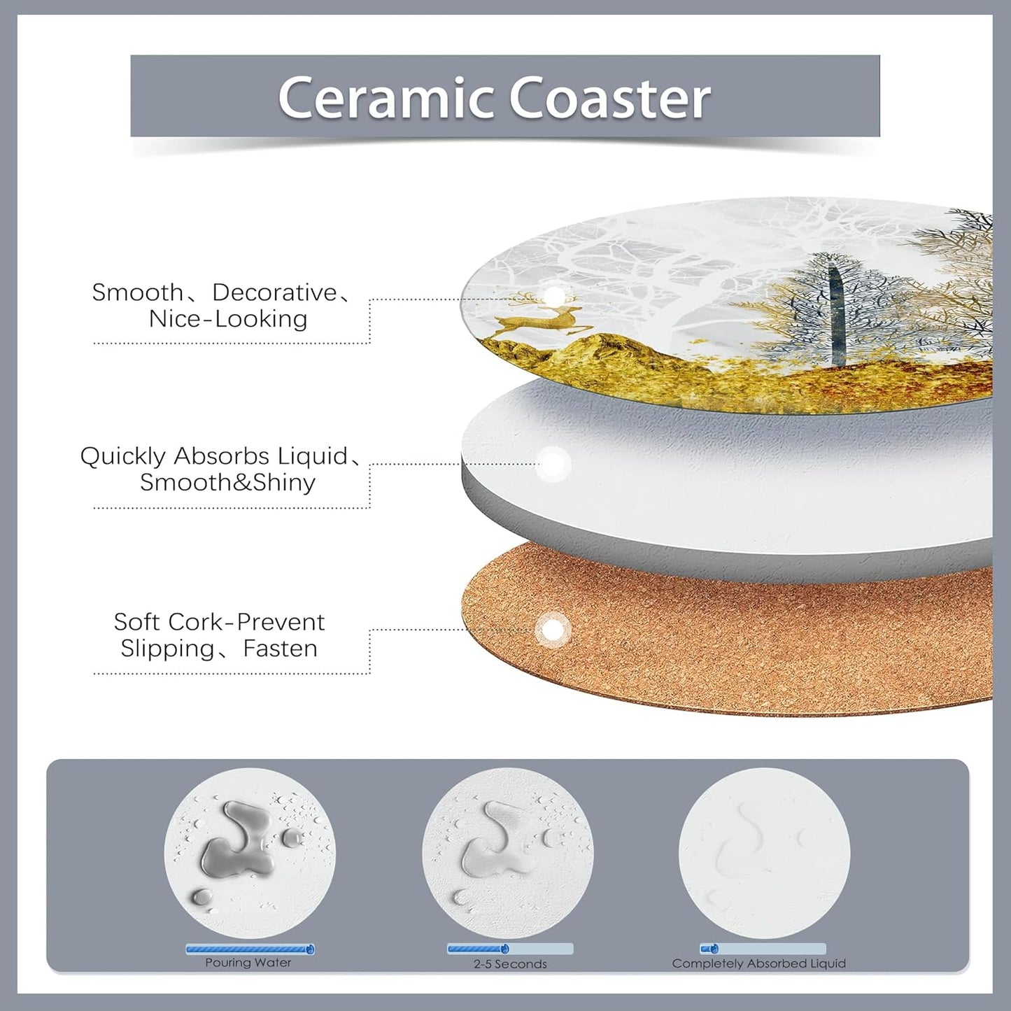 Drink Coasters Set of 6 with Holder,Golden Deer Forest Mountain Absorbent Ceramic Coasters with Cork Base,Fit All Cups,Tabletop Protection Mat for Mugs and Cups,Office,Kitchen