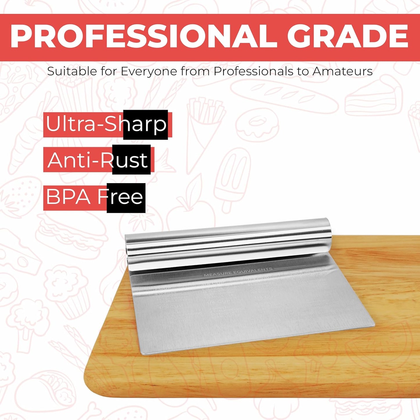 Bench Scraper for Baking, Food Scraper Stainless Steel Blade Dough Cutter with Engraved Measuring Guide & Equivalent Chart, Scraper Tool kitchen Use for Scrapping, Cutting, Chopping, 2 Pack -by RamPro