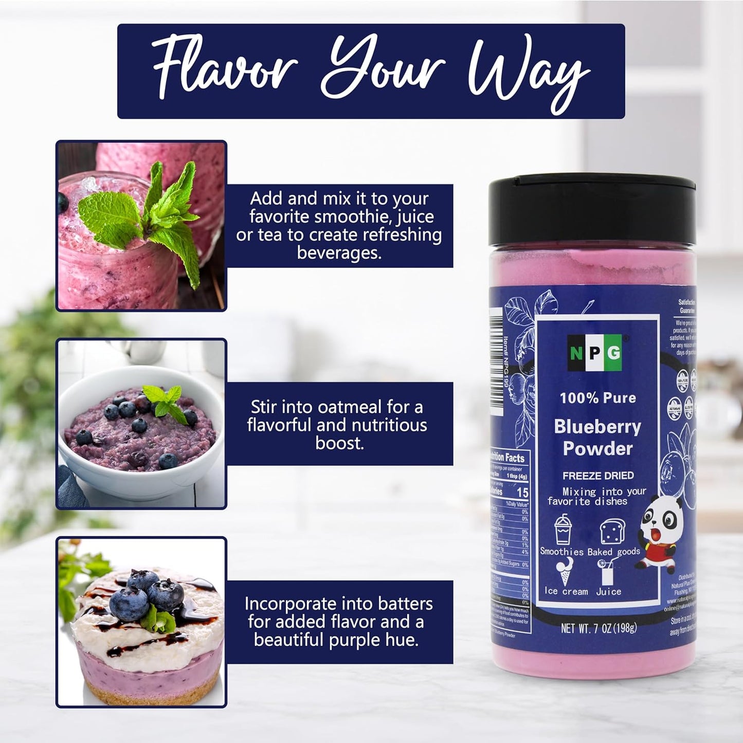 NPG Frezee-Dried Blueberry Powder 7 Oz, Seedless Fine Powder from Wild Wild Blueberries for Smoothies, Baking, Beverages, and Natural Food Coloring, No Sugar Added, Non-GMO