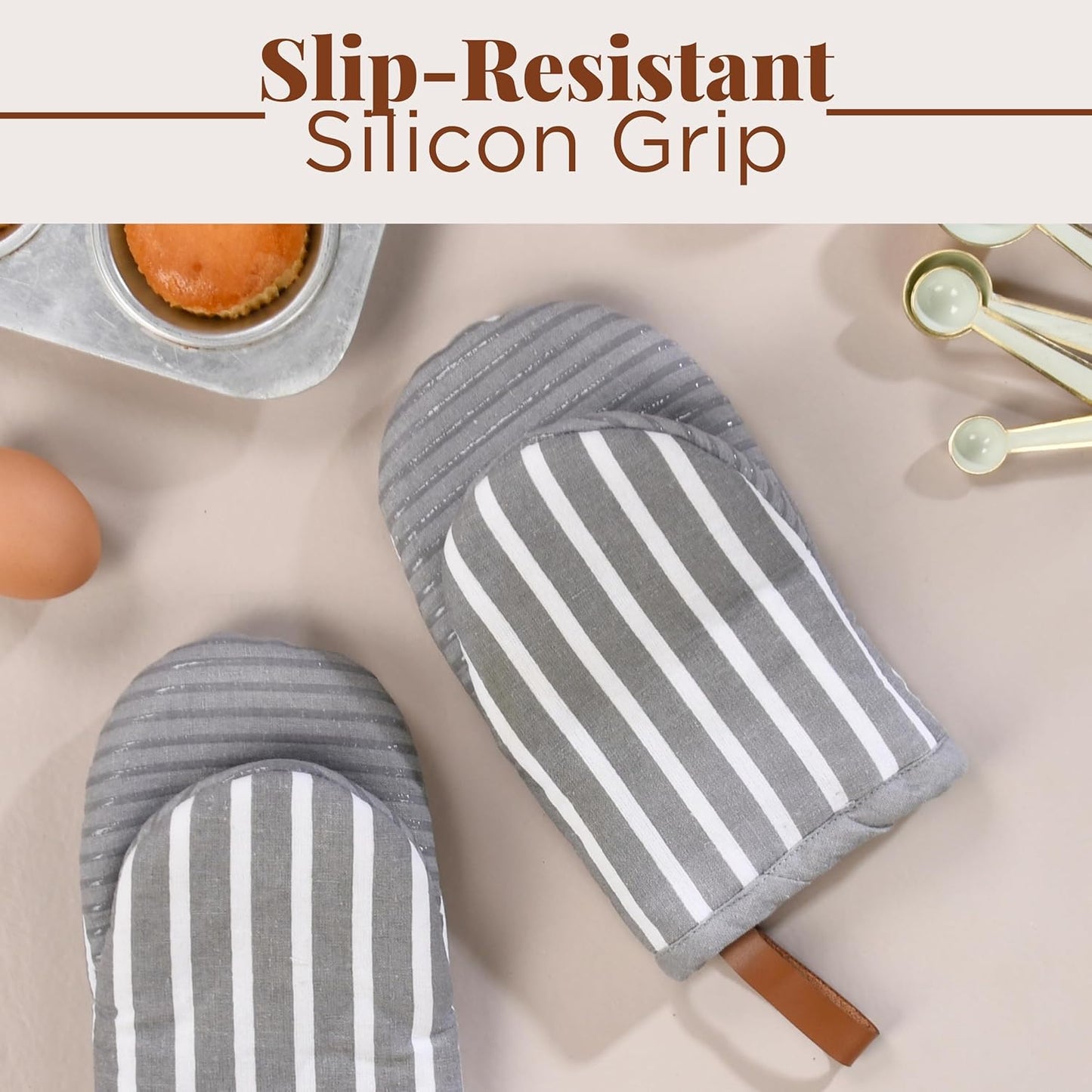 Folkulture Mini Oven Mitts Heat Resistant | (5.75 x9) Set of 2 White Short Oven Mitts with Hanging Loop | 100% Cotton Oven Gloves or Kitchen Mittens | Small Oven Mitt Set or Grey Silicone Oven Mitt