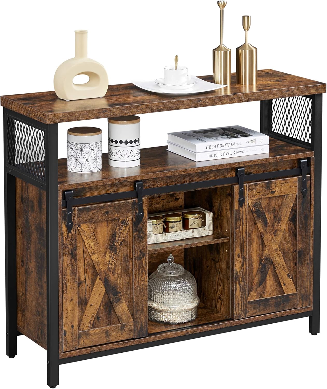 VASAGLE Buffet Cabinet, Coffee Bar Storage Cabinet, Sideboard with 2 Sliding Barn Doors, Adjustable Shelves, 13 x 39.4 x 31.5 Inches, for Living Room, Rustic Brown and Ink Black ULSC092B01