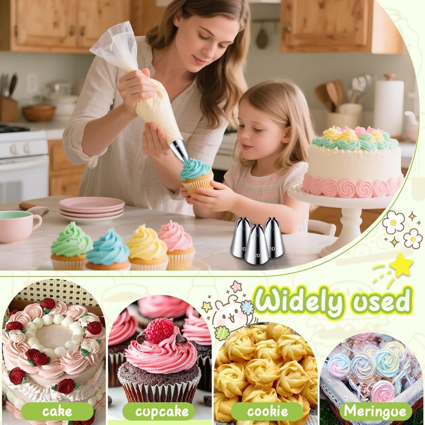 Hendiy 3pcs 2D Cake Piping Tips with 20 Piping Bags, Large Piping Nozzles Decorating Tips, Cake Baking Tools for Cookie Icing Cupcakes, Buttercream,Birthday Cake, Cupcake, DIY Art