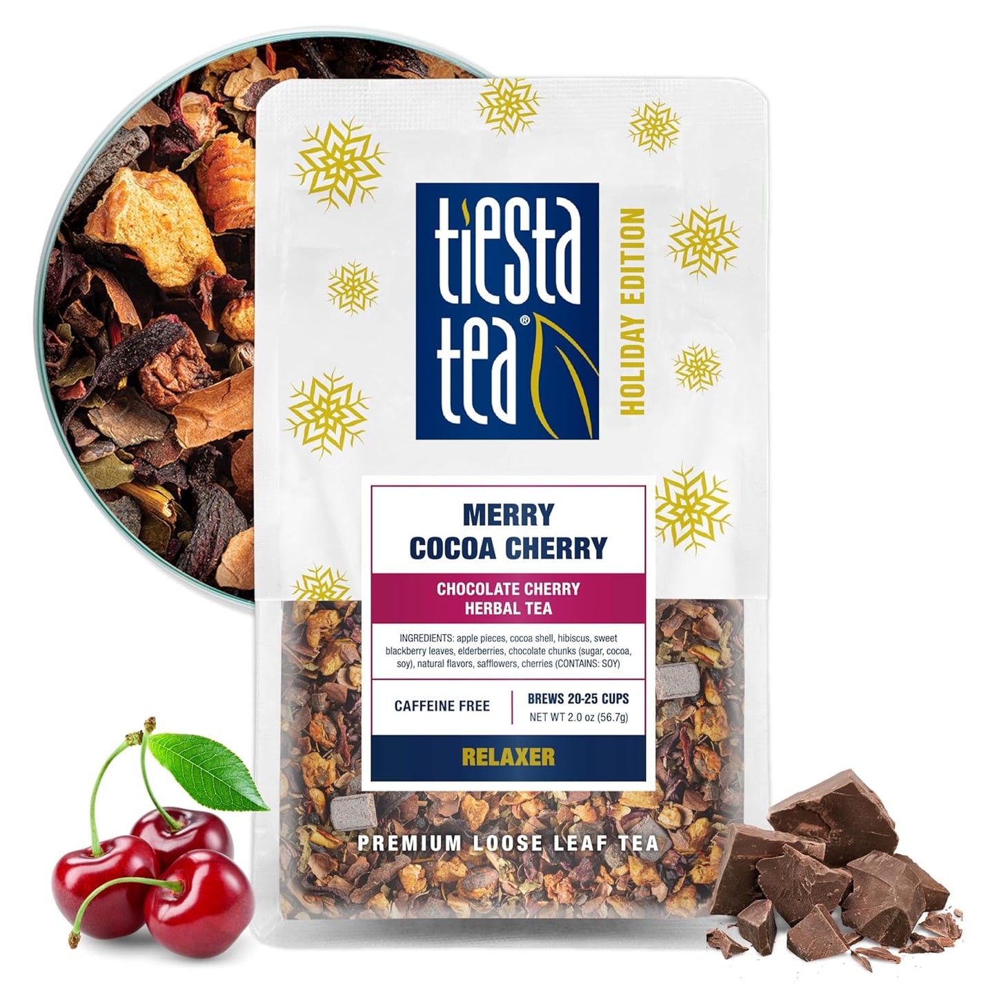 Tiesta Tea - Merry Cocoa Cherry Loose Leaf Tea, Chocolate Cherry Herbal Blend, Non-Caffeinated, Brew Hot or Iced, Makes up to 25 Cups, Resealable Bulk Pouch, 2 Ounce