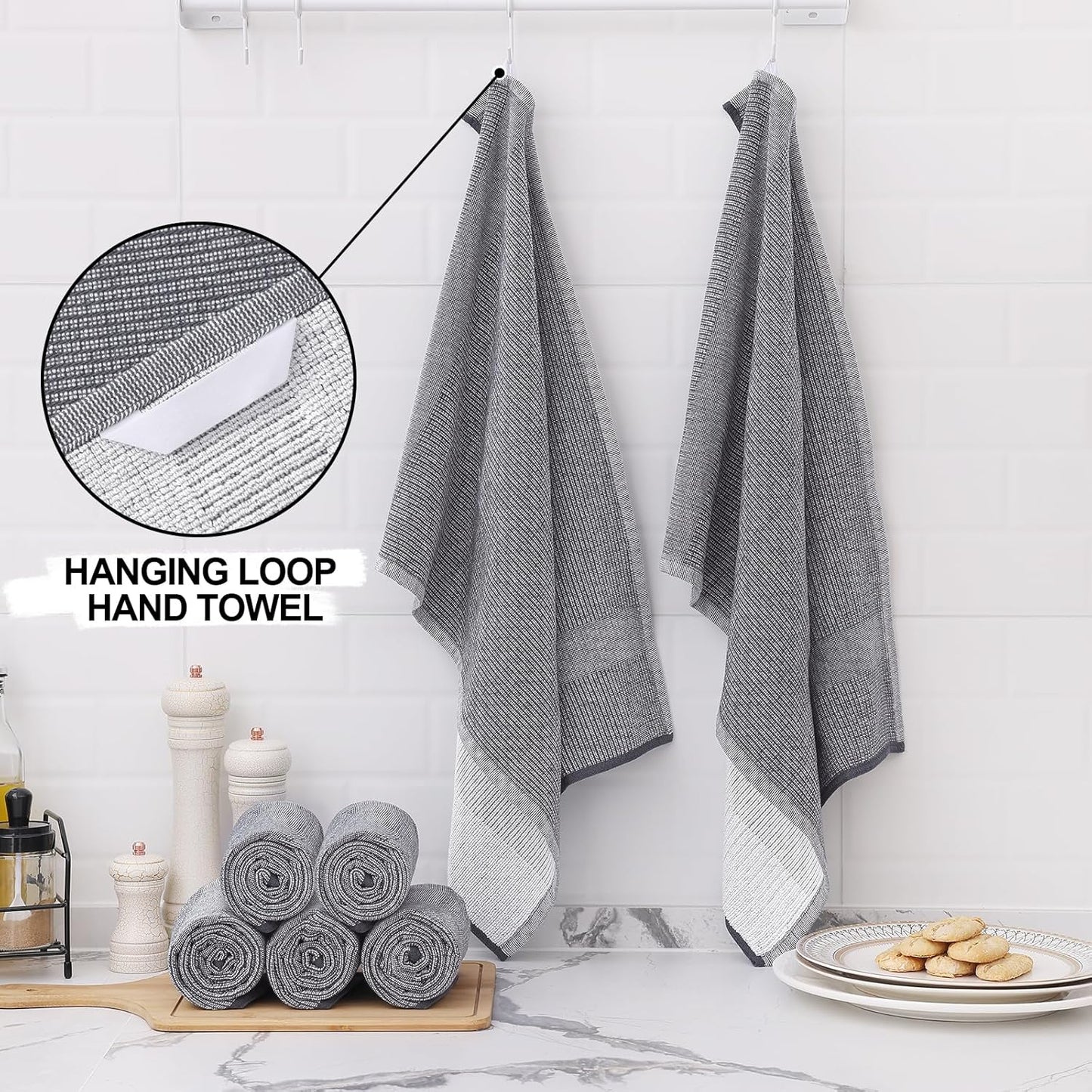 Homaxy Premium Kitchen Towels(18”x 28”, 6 Pack), Large Cotton Kitchen Hand Towels, Flat and Terry Dish Towels, 380 GSM Highly Absorbent Tea Towel Set with Hanging Loop, Grey