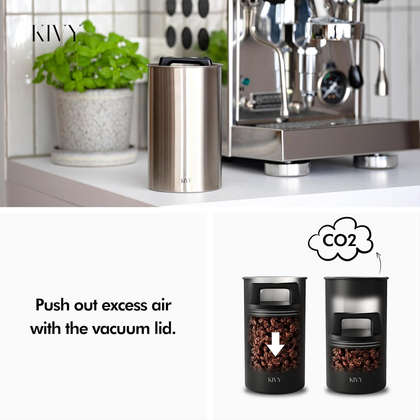 KIVY Vacuum Coffee Canister - Push Lid Preserves Coffee Aroma & Oil - Stainless Steel Airtight Coffee Canister - Removes Excess Air