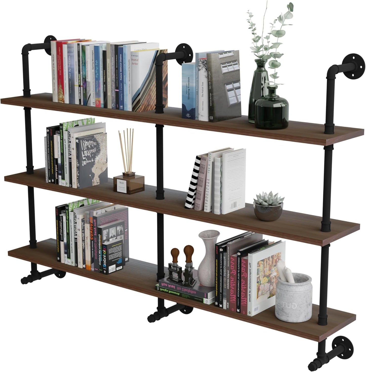 Industrial Pipe Wall Shelves Pipe Shelving,Natural Wood 60 Inches Long Walnut Floating Shelves for Wall Farmhouse Pipe Book Shelves for Kitchen,Living Room, Bar Shelving