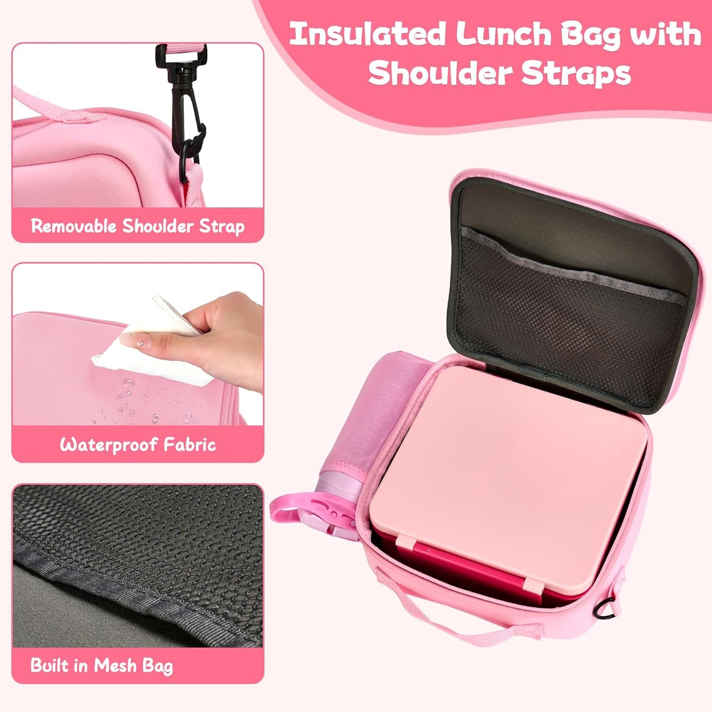 Kids Bento Lunch Box with 8oz Soup Thermo, Water Bottle, Leakproof Lunch Food Containers with 4 Compartment, Kids Insulated Hot Food Jar with Lunch Bag for School(Pink)