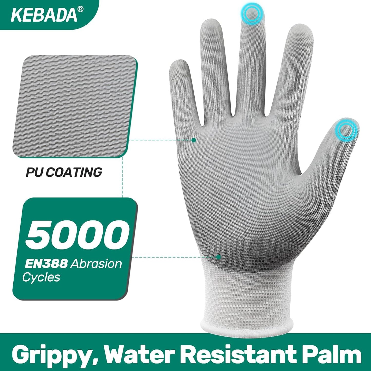 Kebada W1 Work Gloves for Men and Women, 12 Pairs Touchscreen Safety Gloves with Grip, PU-Coated, Ideal for Light & Medium Duty Tasks, White, XX-Large