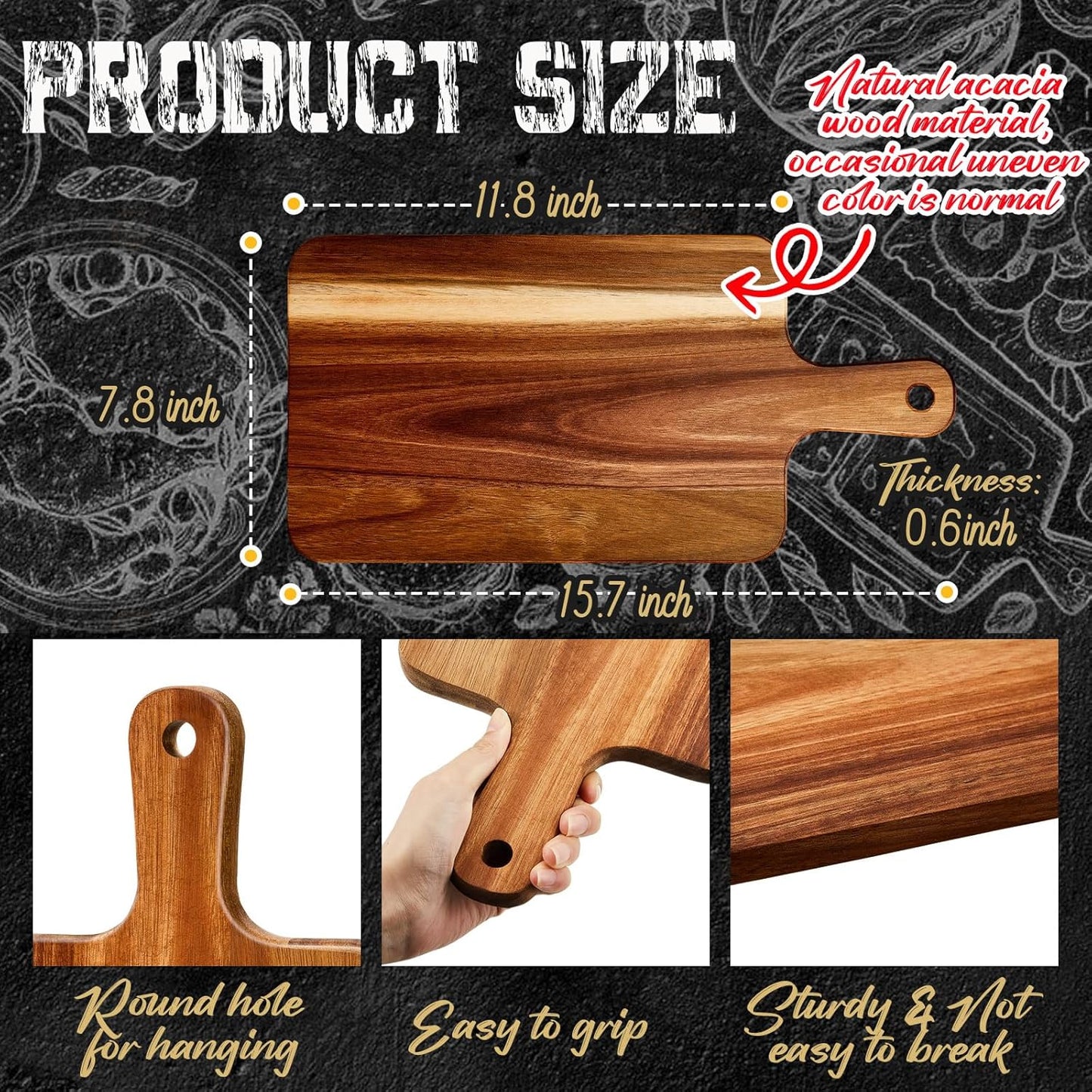 Nuenen 10 Pcs Wood Cutting Board with Handle 15.7 x 7.8 Inch Acacia Wooden Serving Kitchen Chopping Boards for Pizza, Bread, Cheese, Charcuterie, Fruit, Vegetables(Acacia)