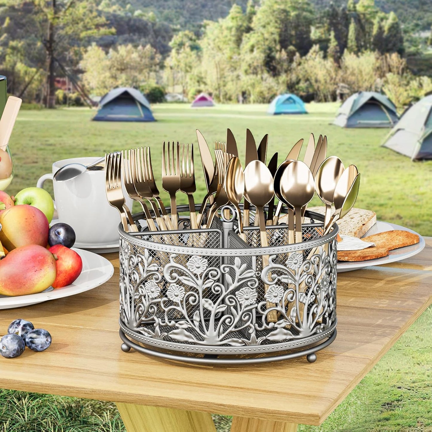 360° Rotating Utensil Caddy - Silverware Cutlery Caddy Holder with 4 Compartment, Metal Flatware Organizer Countertop with Handle for Party Camping Picnic, Kitchen Counter, Office (Silver)