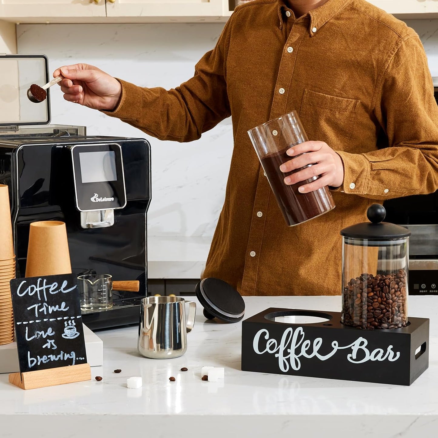 Yangbaga Glass Sugar Coffee Canister for Ground Coffee,2×55OZ Coffee Containers with Handle Shelf Coffee Bar Station Accessories Organizer Decor,Food Storage Jars with Iron Coffee Scoop for Kitchen