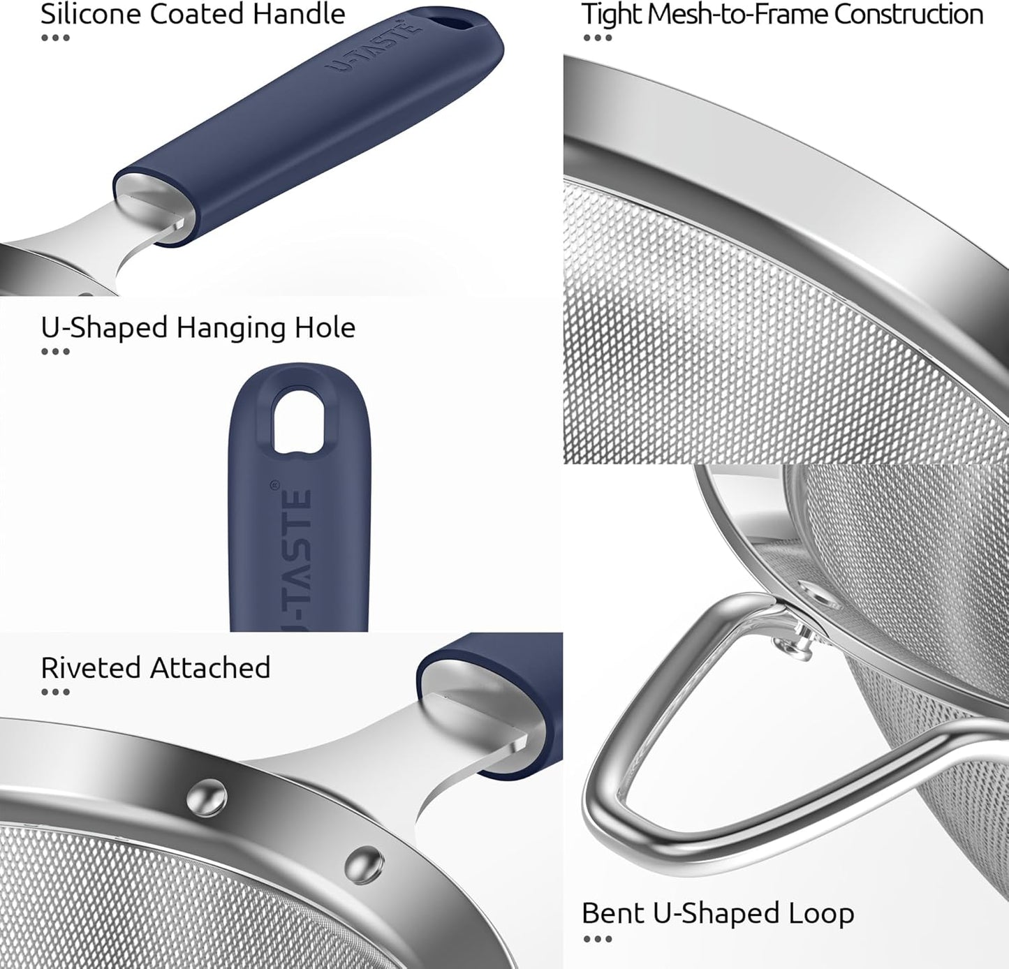 U-Taste Medium Fine Mesh Strainer: 18/8 Stainless Steel 4.73in 30 Mesh Kitchen Food Sieve with Sturdy Riveted Silicone Handle, Heavy Duty Deep Handheld Metal Colander for Rice, Quinoa(Midnight Blue)